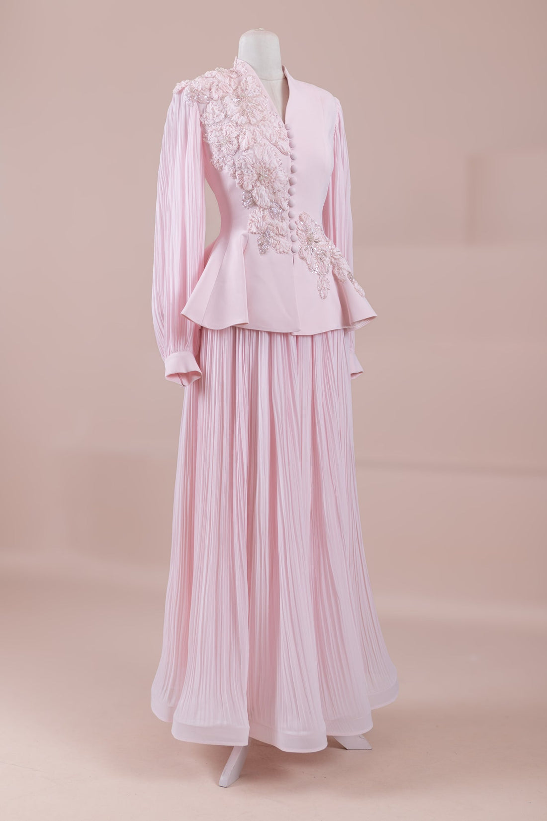 Limited Collection Peplum Jacket & Pleated Maxi Skirt Set – 3D Floral Embroidered Evening Ensemble