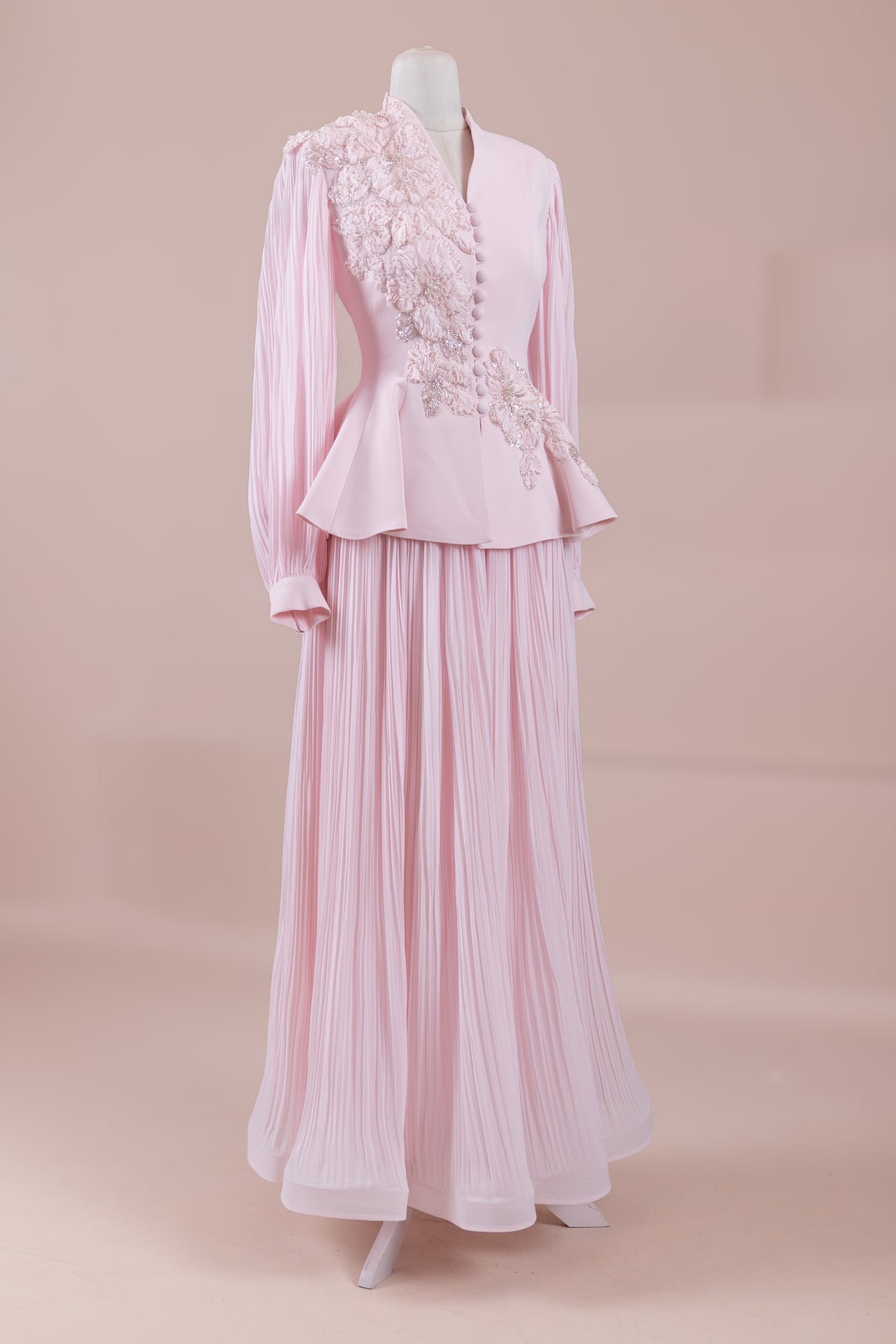 Limited Collection Peplum Jacket & Pleated Maxi Skirt Set – 3D Floral Embroidered Evening Ensemble