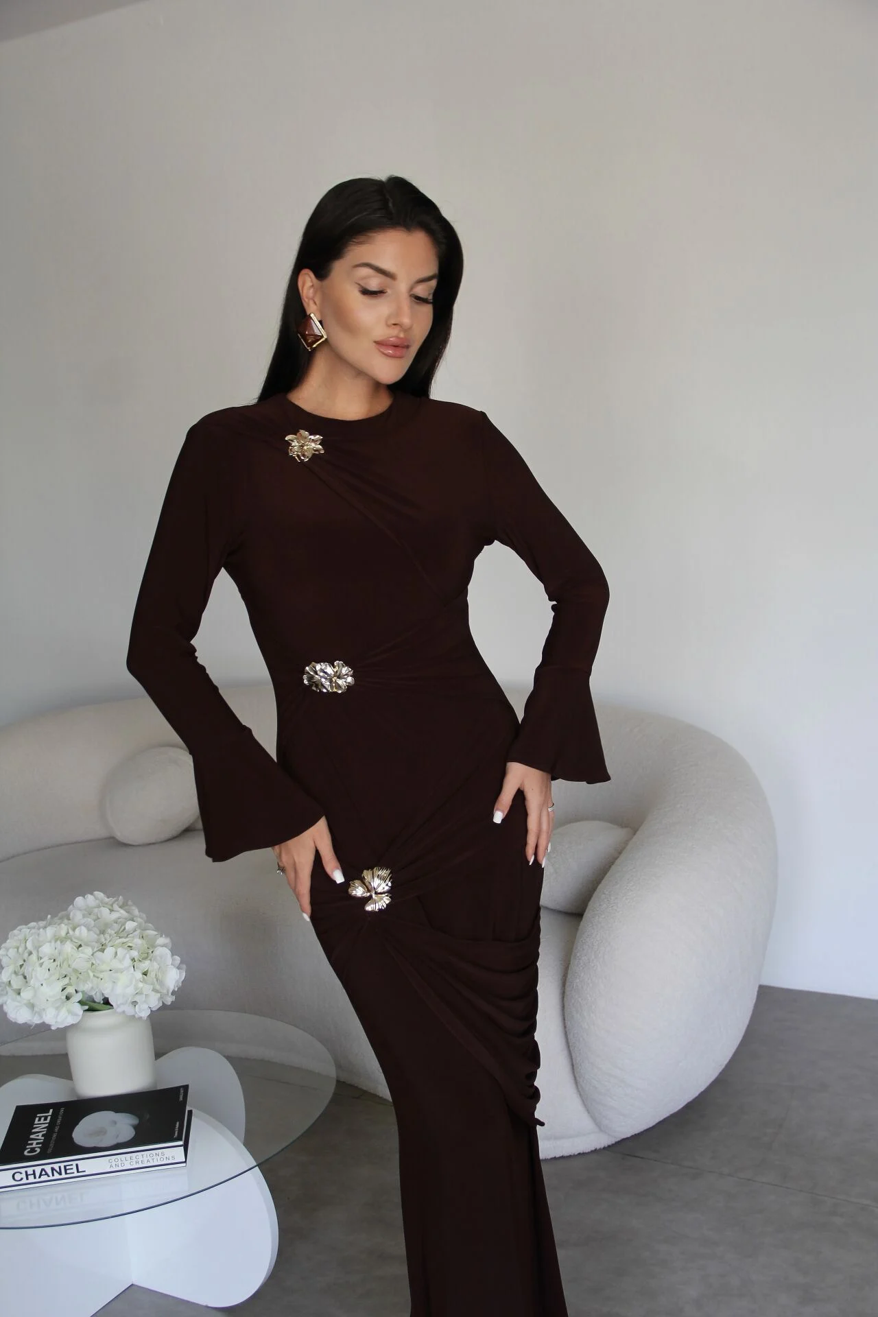 Premium Coffee Maxi Dress | Gold Brooch Detail & Gathered Waist Design