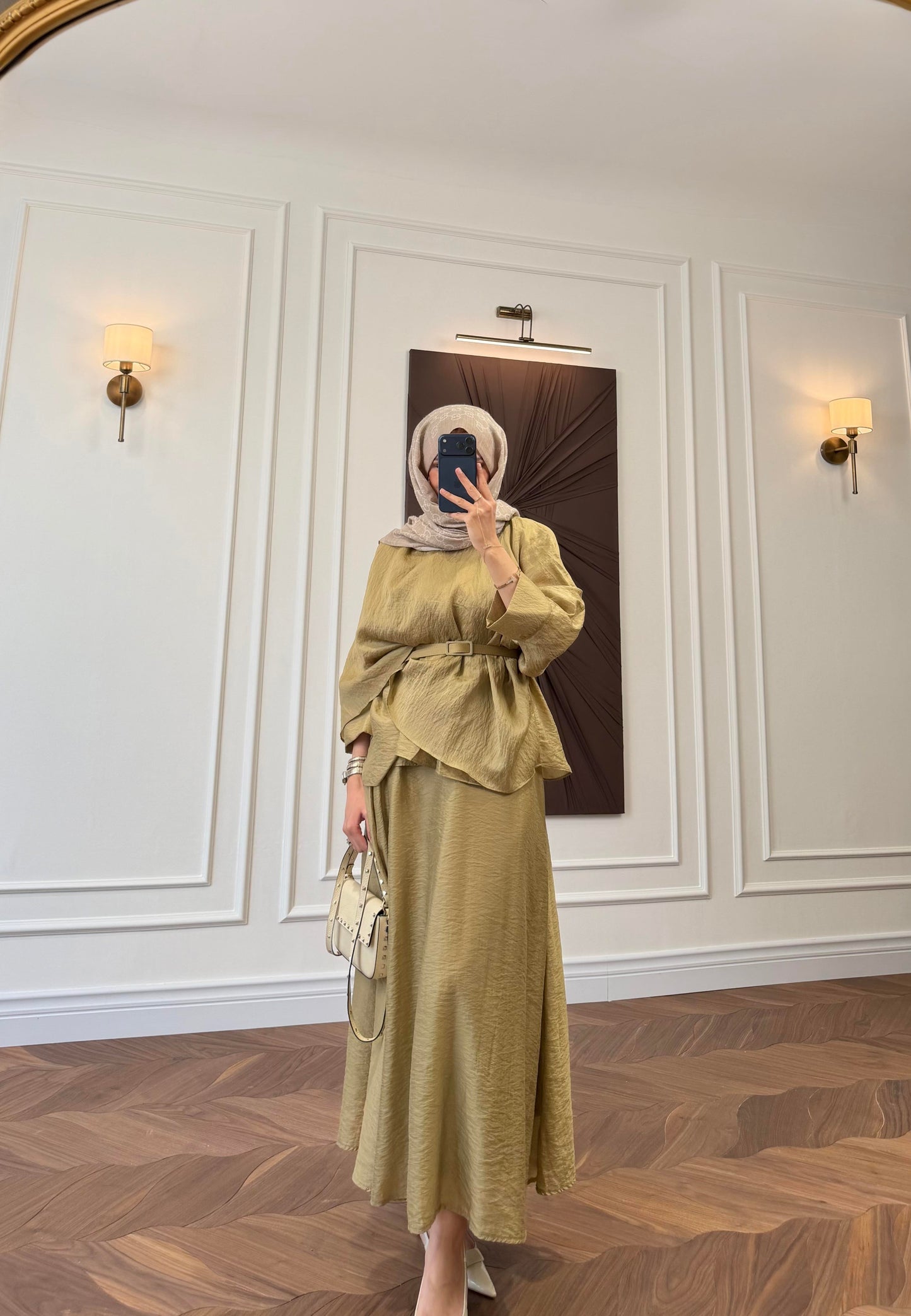 Belted Cape-Sleeve Top & Flared Maxi Skirt Co-ord Set Sage Green