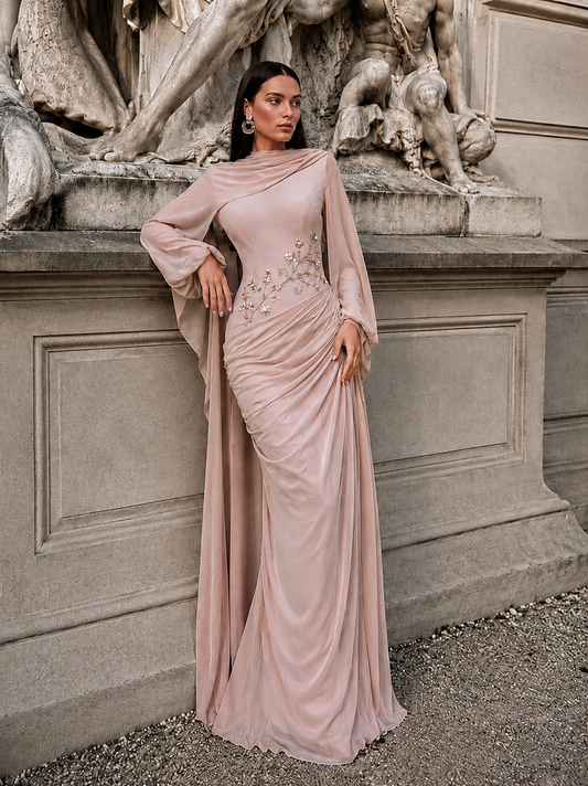 Tulip Modest Evening Dress - Embroidered Shawl Crepe Gown - Poudra