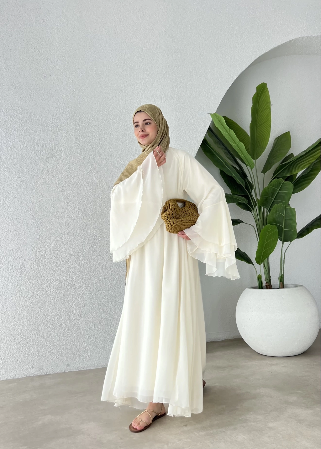 Ecru Chiffon Dress with Ruffled Sleeves