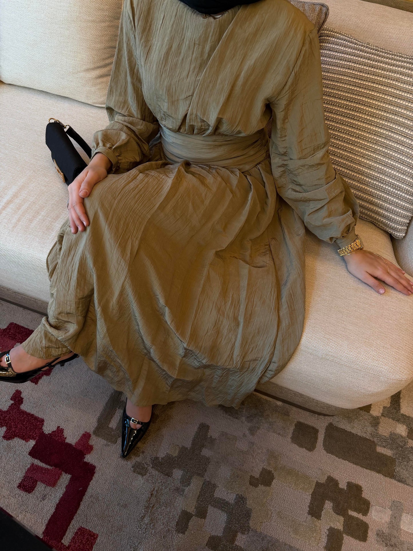 Crushed Fabric Waist-Detail Dress Khaki