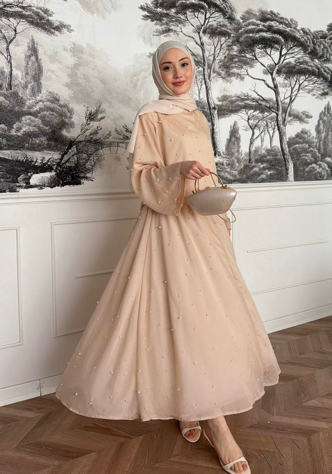 Pearl Embellished Maxi Dress – Flared Skirt & Long Sleeve