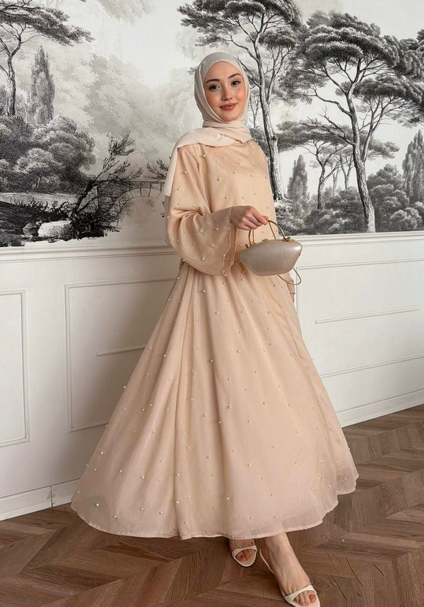 Pearl Embellished Maxi Dress – Flared Skirt & Long Sleeve