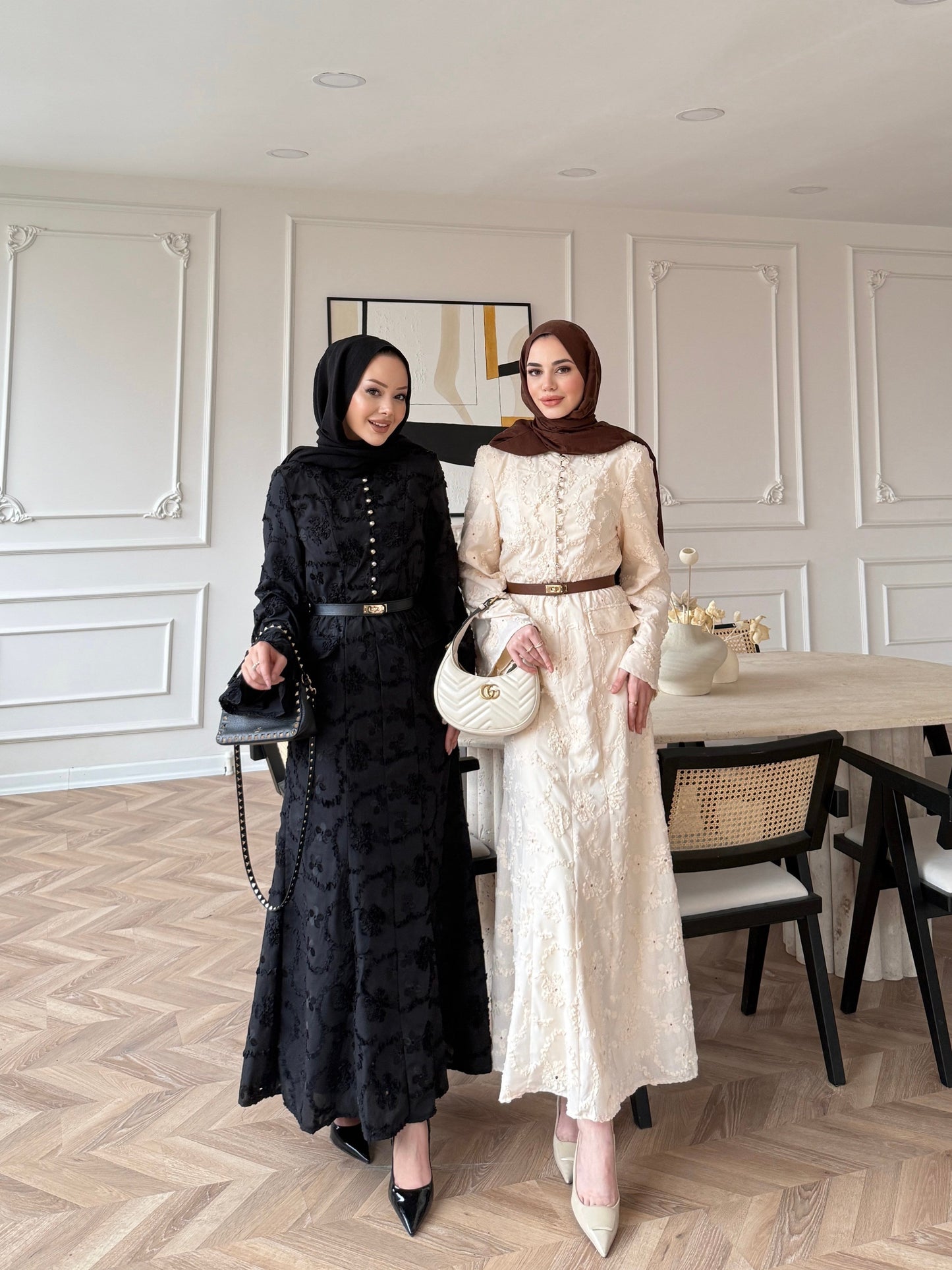 Black Guipure Lace Maxi Dress with Button Detail — Modest Formal Evening Wear