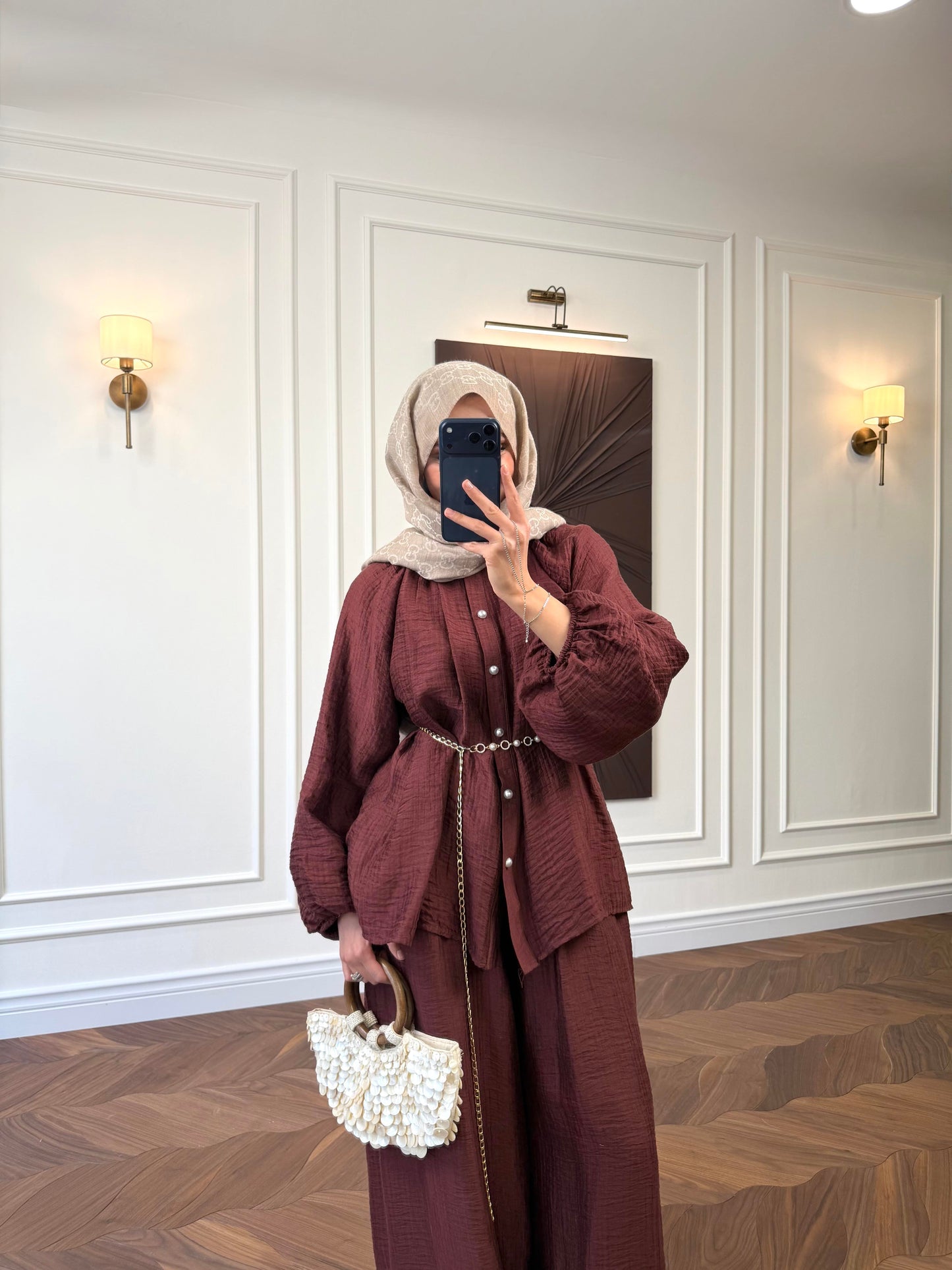 Burgundy Textured Co-ord Set – Balloon Sleeve Shirt & Wide-Leg Trousers