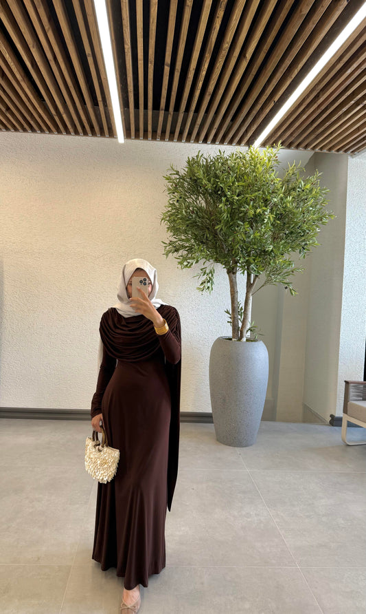 Brown Evening Gown with Shawl Collar and Cape Detail