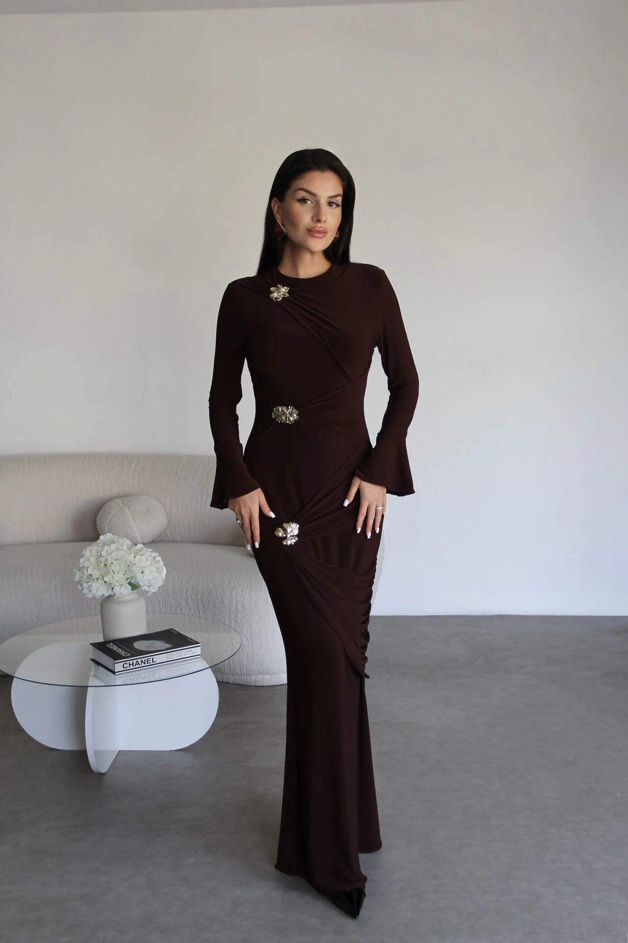 Premium Coffee Maxi Dress | Gold Brooch Detail & Gathered Waist Design