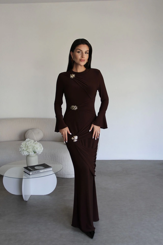 Premium Coffee Maxi Dress | Gold Brooch Detail & Gathered Waist Design