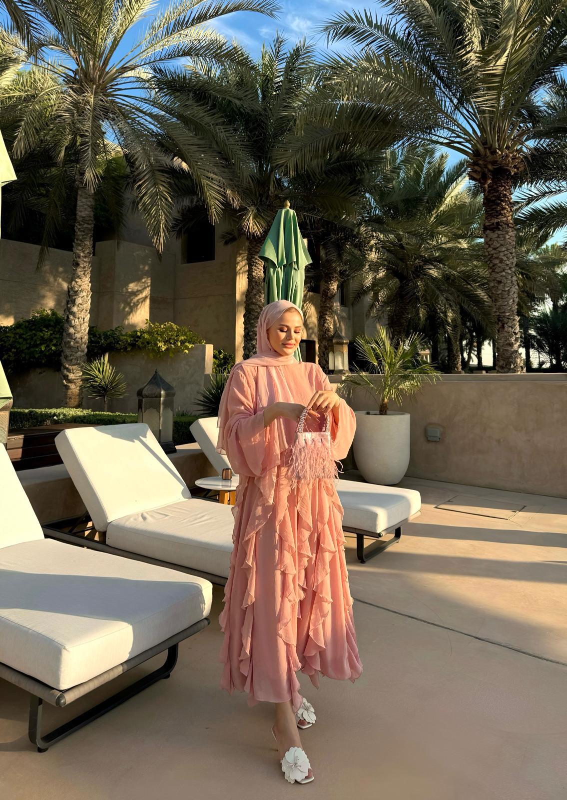 Poudre Pink Ruffle-Detail Chiffon Blouse and Skirt Set