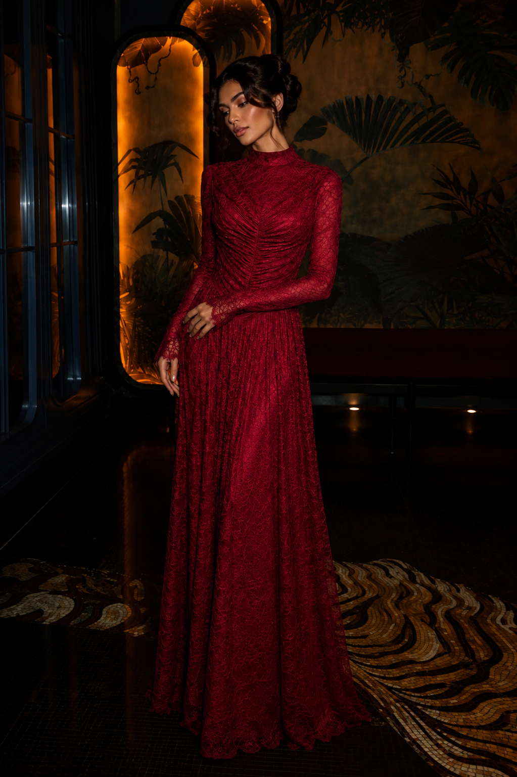 Carmen Ruched Lace Modest Evening Gown- Red