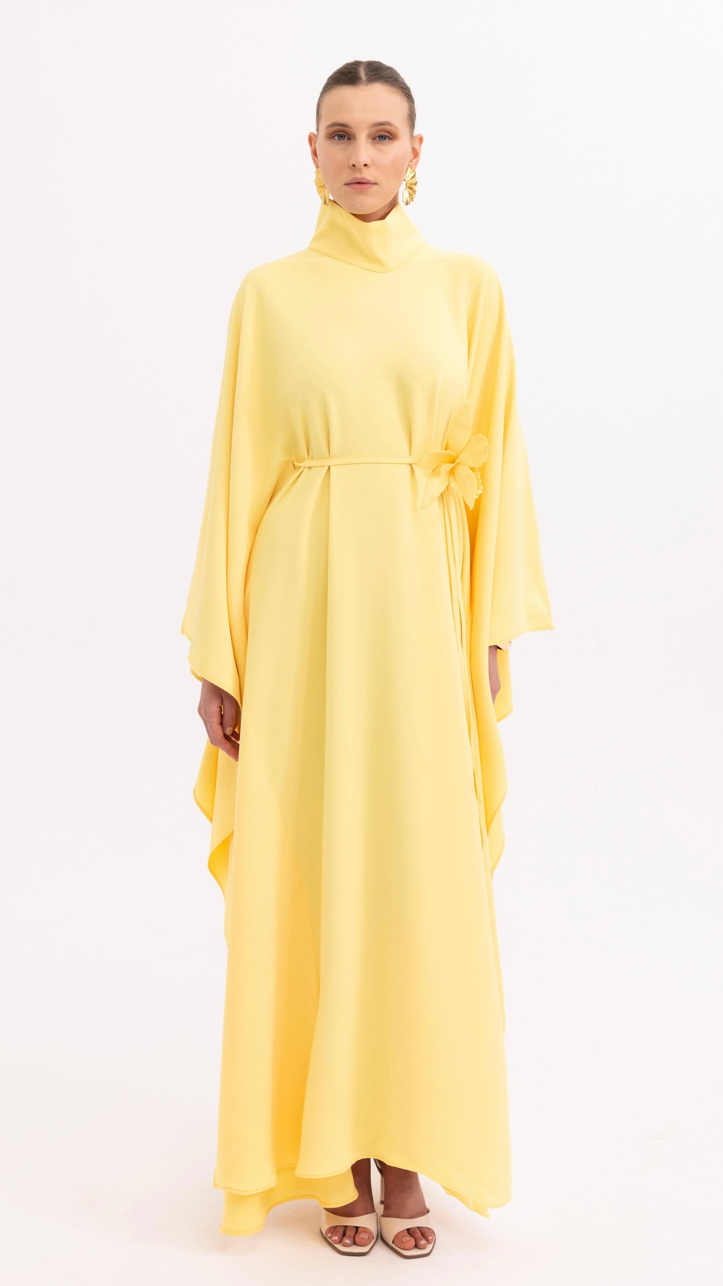 Limited Edition Handmade Yellow Kaftan Dress with Floral Details
