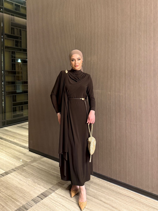 Shawl Collar Evening Dress with Brooch and Belt Detail