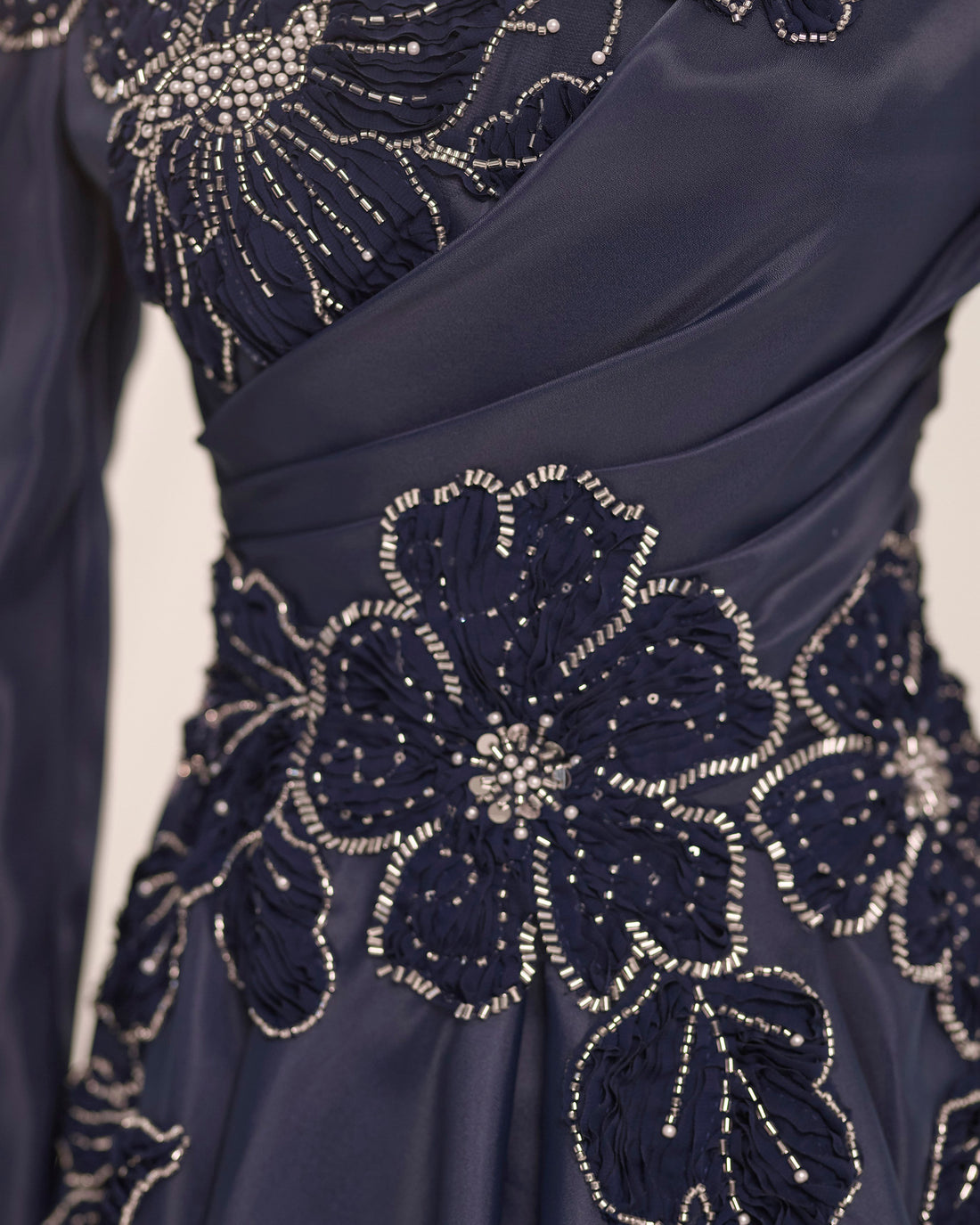 Floral Embellished Modest Evening Dress - Navy Blue