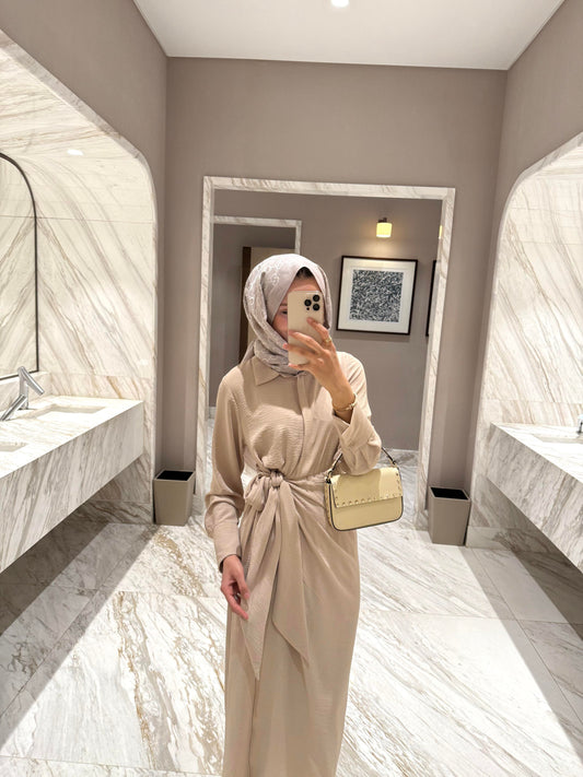 Beige Front-Tie Classic Maxi Dress