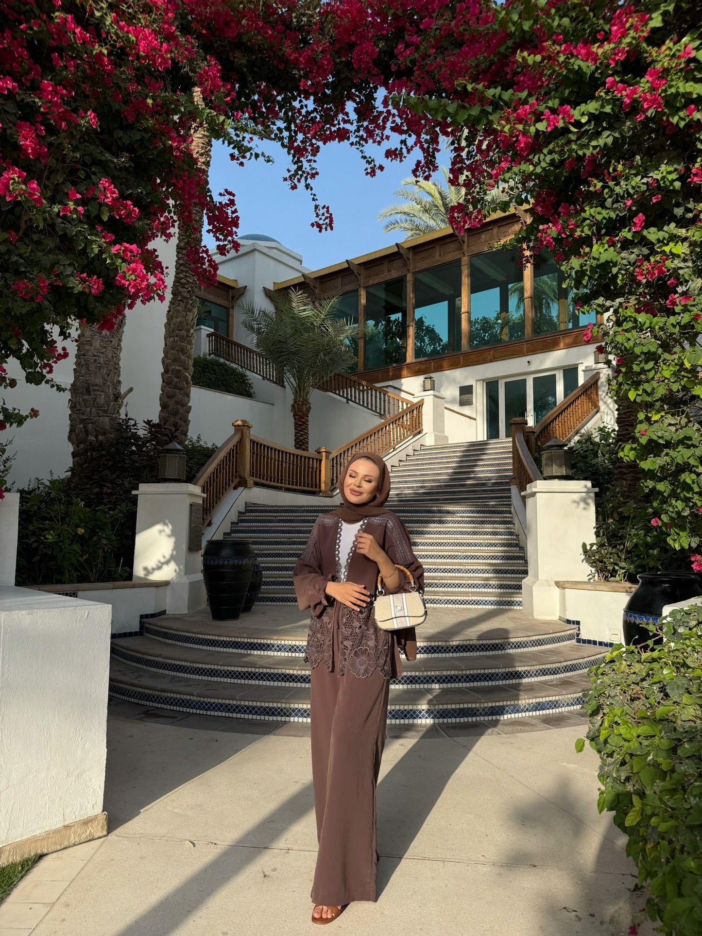Lace-Trimmed Brown Crinkle Fabric Kimono & Pants Set