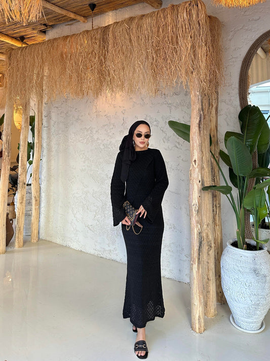 Black Lined Openwork Knit Dress