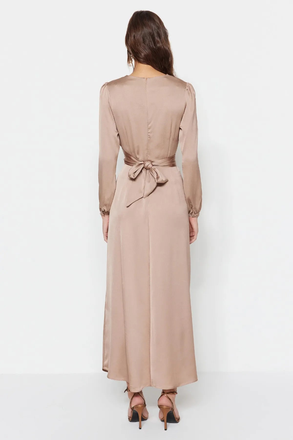 Cross Wrap Detail Beige Satin Evening Dress