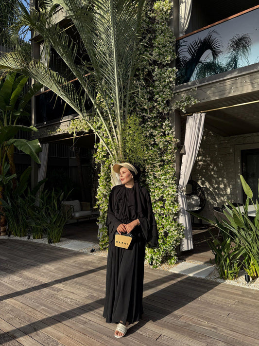 Farah Black Chiffon Dress with Ruffle Details