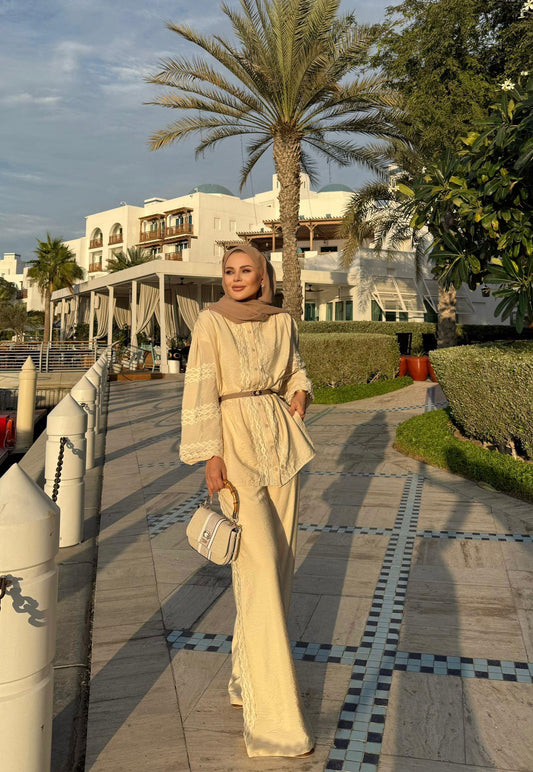 Lace-Trimmed Elegant Shirt and Wide-Leg Pants Set in Beige