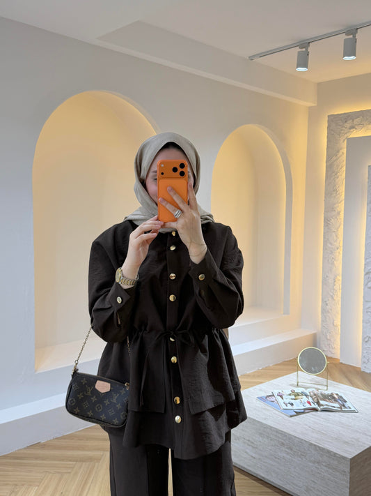 Gold Button Co-ord Cupro Set – Drawstring Jacket & Wide Leg Trousers - Brown