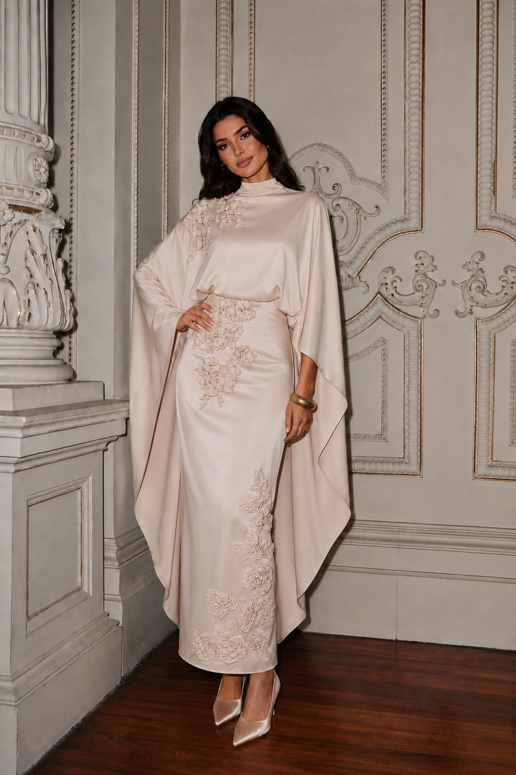 Soraya Stone-Embellished Modest Satin Cape Pencil Dress - Evening Dress