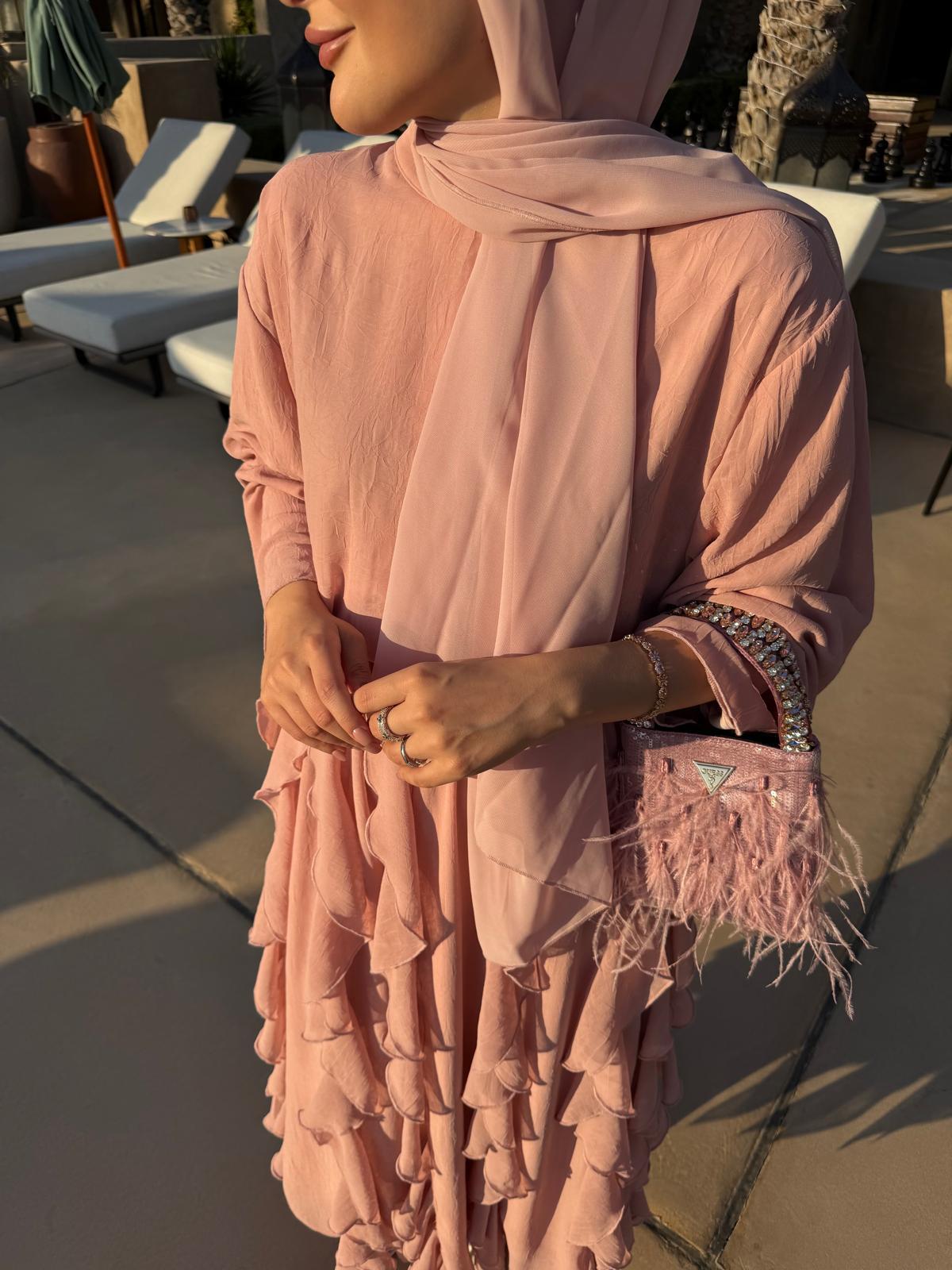 Poudre Pink Ruffle-Detail Chiffon Blouse and Skirt Set