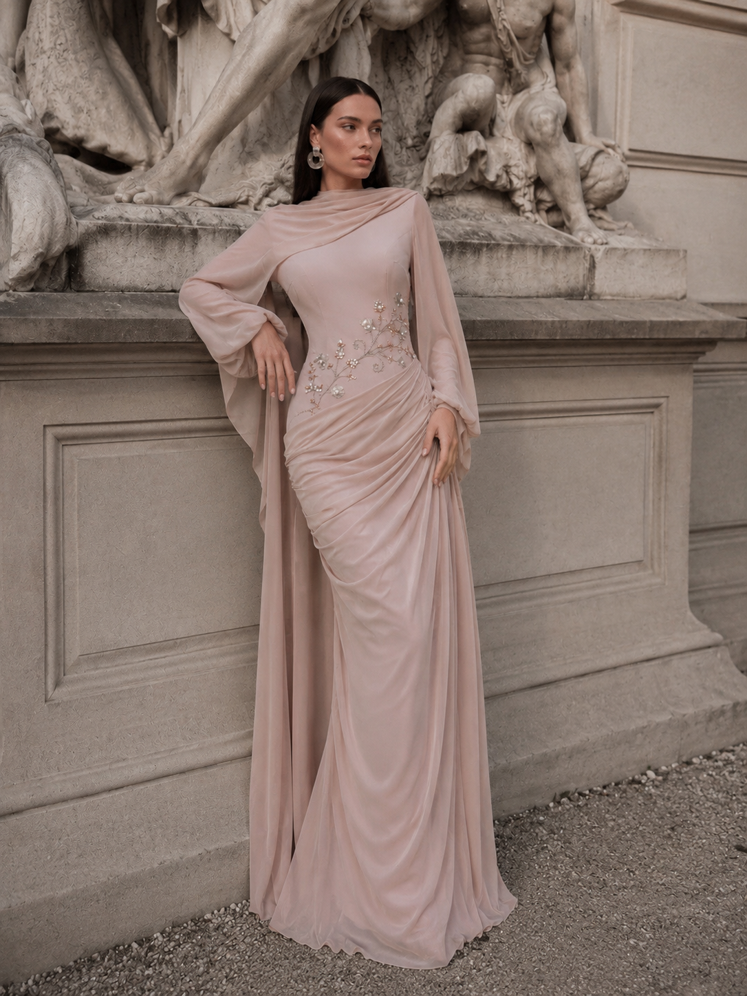 Tulip Modest Evening Dress - Embroidered Shawl Crepe Gown - Poudra