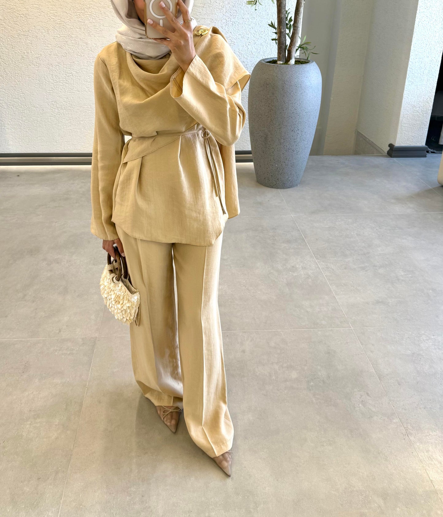 Beige Tencel Set with Brooch Detail