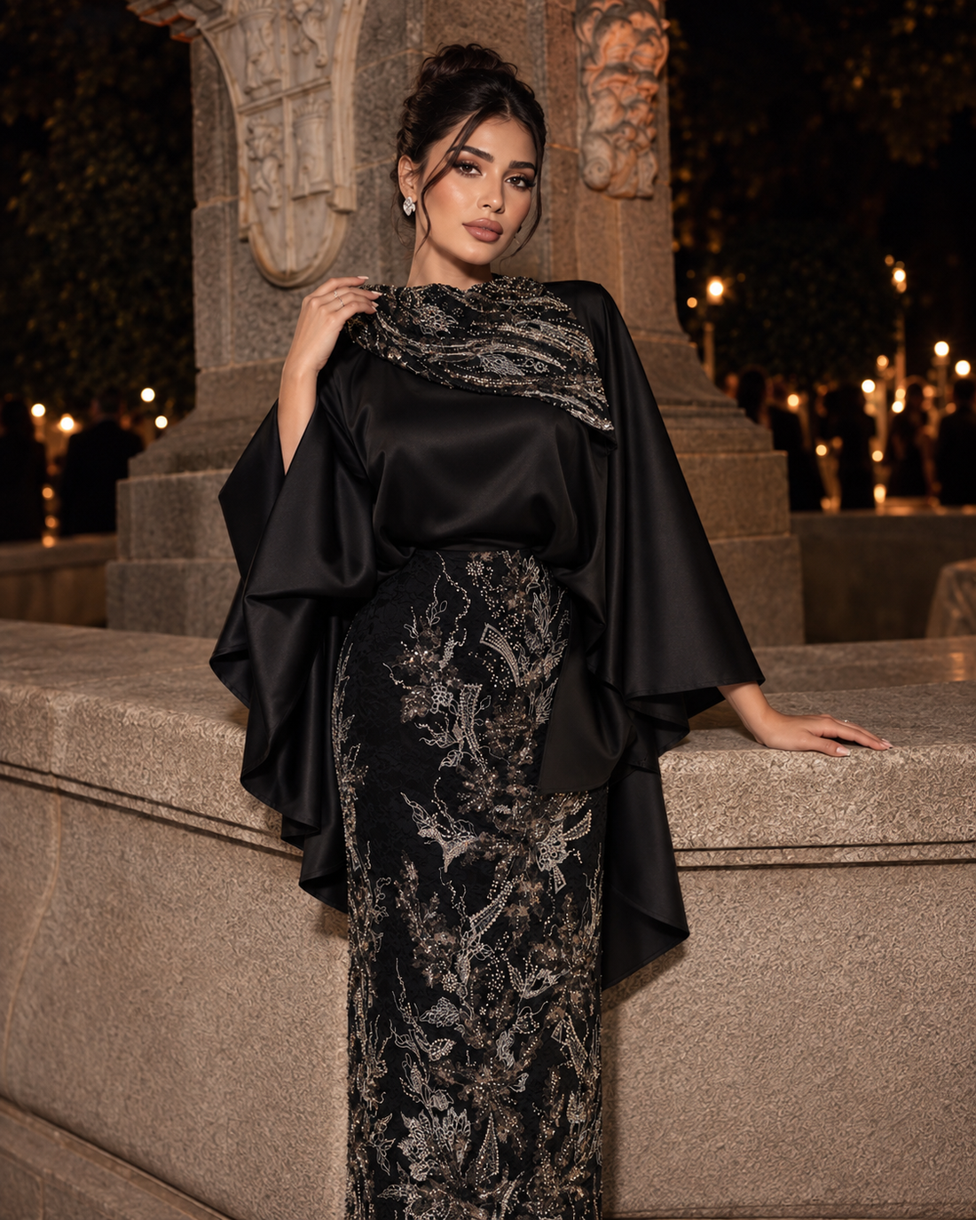 Grace Stone-Embellished Modest Satin Cape Pencil Dress - Evening Dress - Black Gold