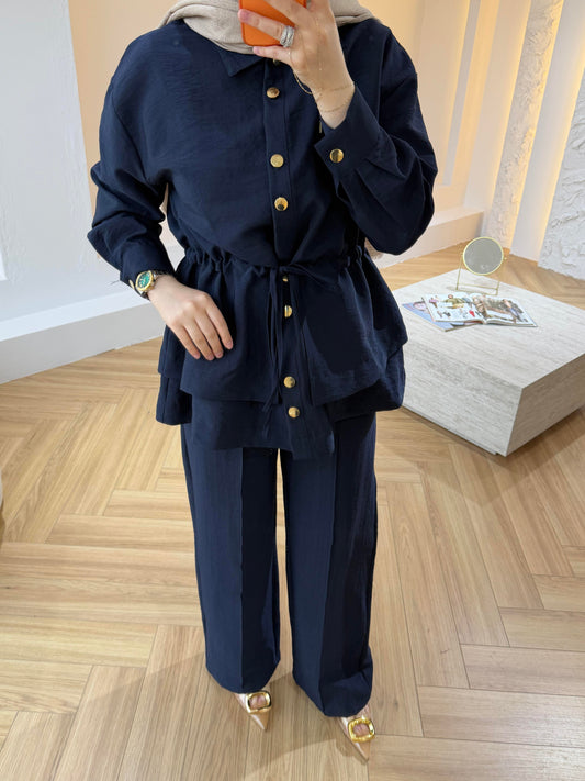 Gold Button Co-ord Cupro Set – Drawstring Jacket & Wide Leg Trousers - Navy Blue