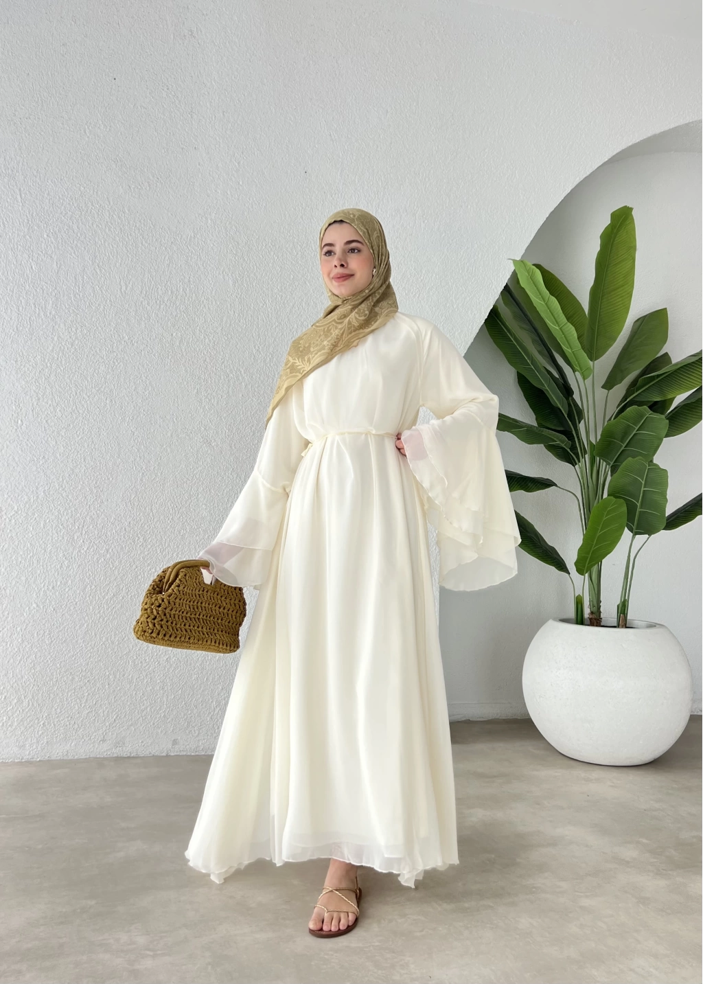 Ecru Chiffon Dress with Ruffled Sleeves