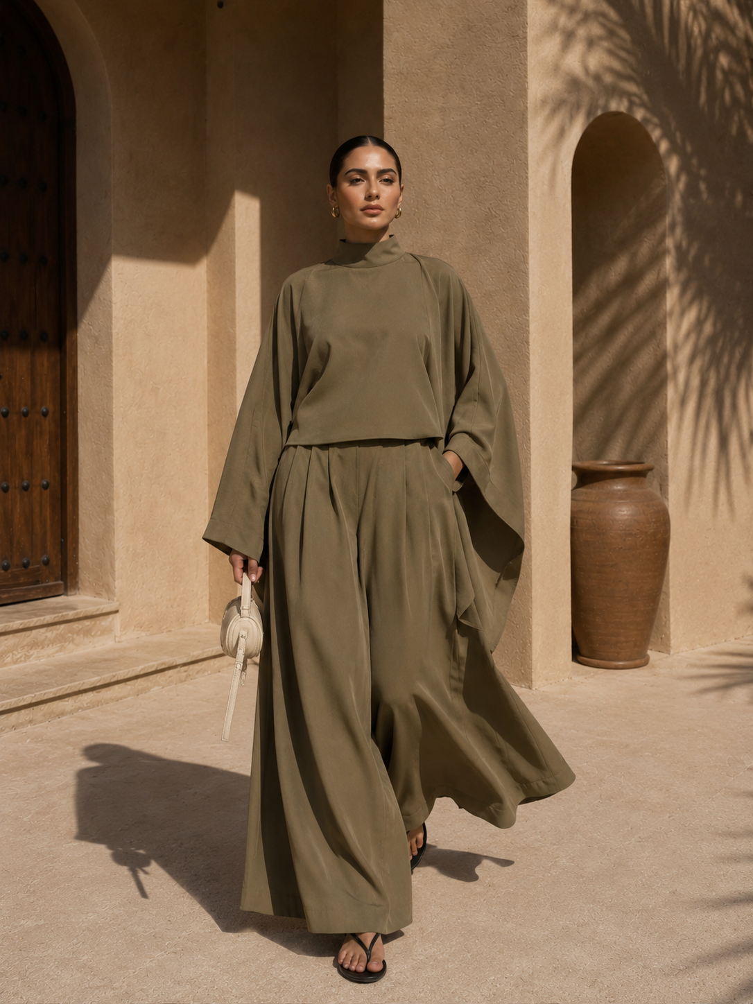 Olive Batwing Sleeve Tensel Co-ord Set | Modest Two-Piece Outfit