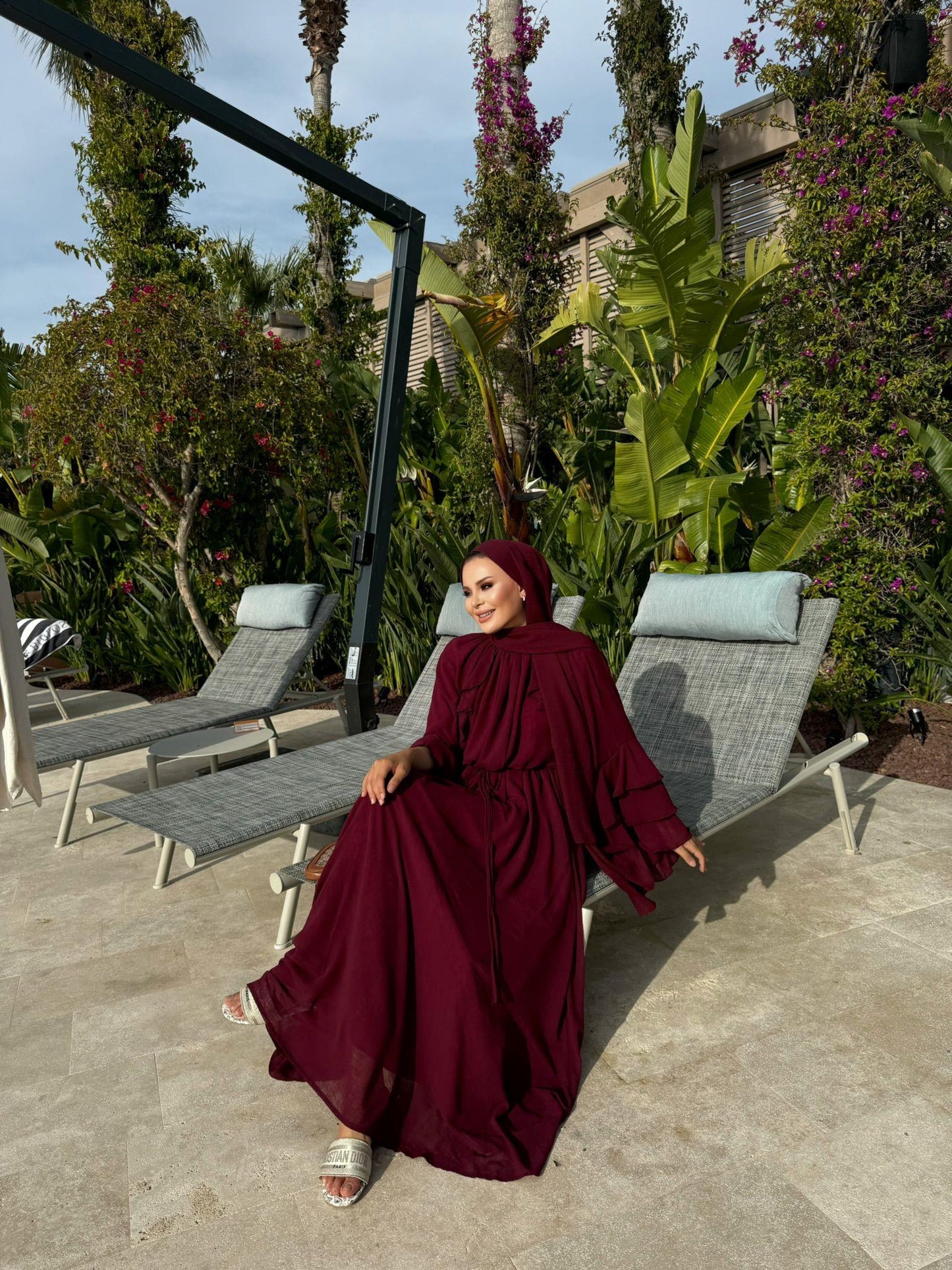 Farah Burgundy Chiffon Dress with Ruffle Details