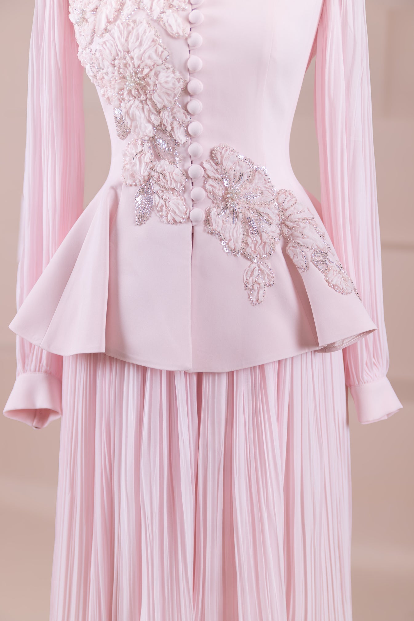 Limited Collection Peplum Jacket & Pleated Maxi Skirt Set – 3D Floral Embroidered Evening Ensemble