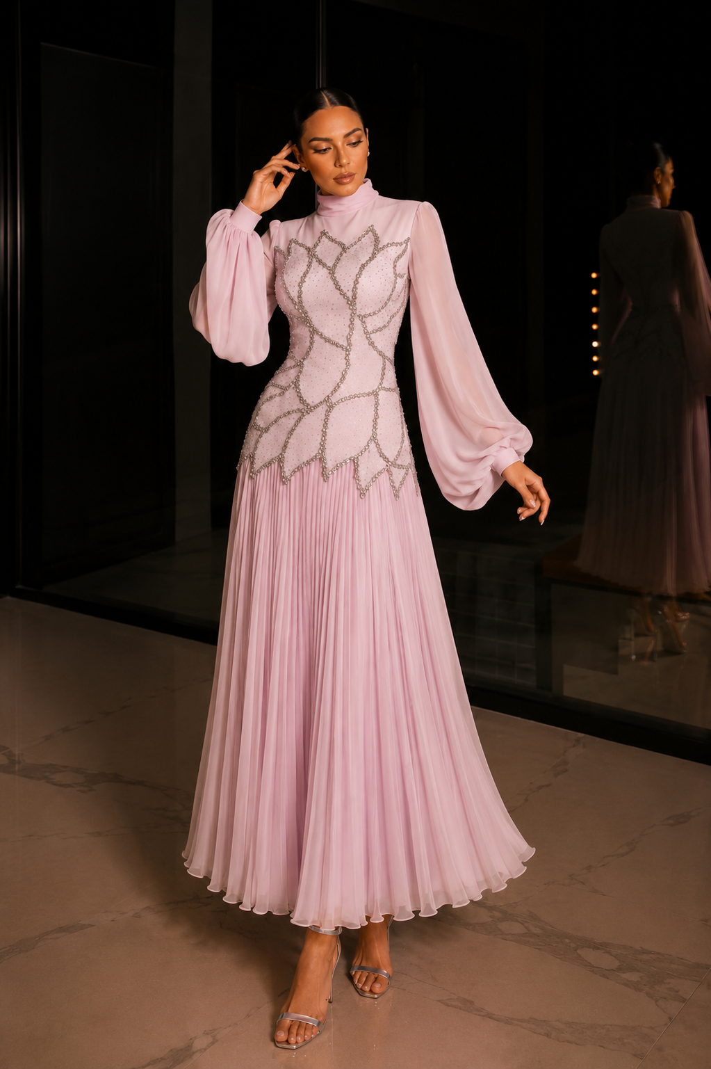 Bloomsbury Chiffon & Satin Evening Dress - Pink