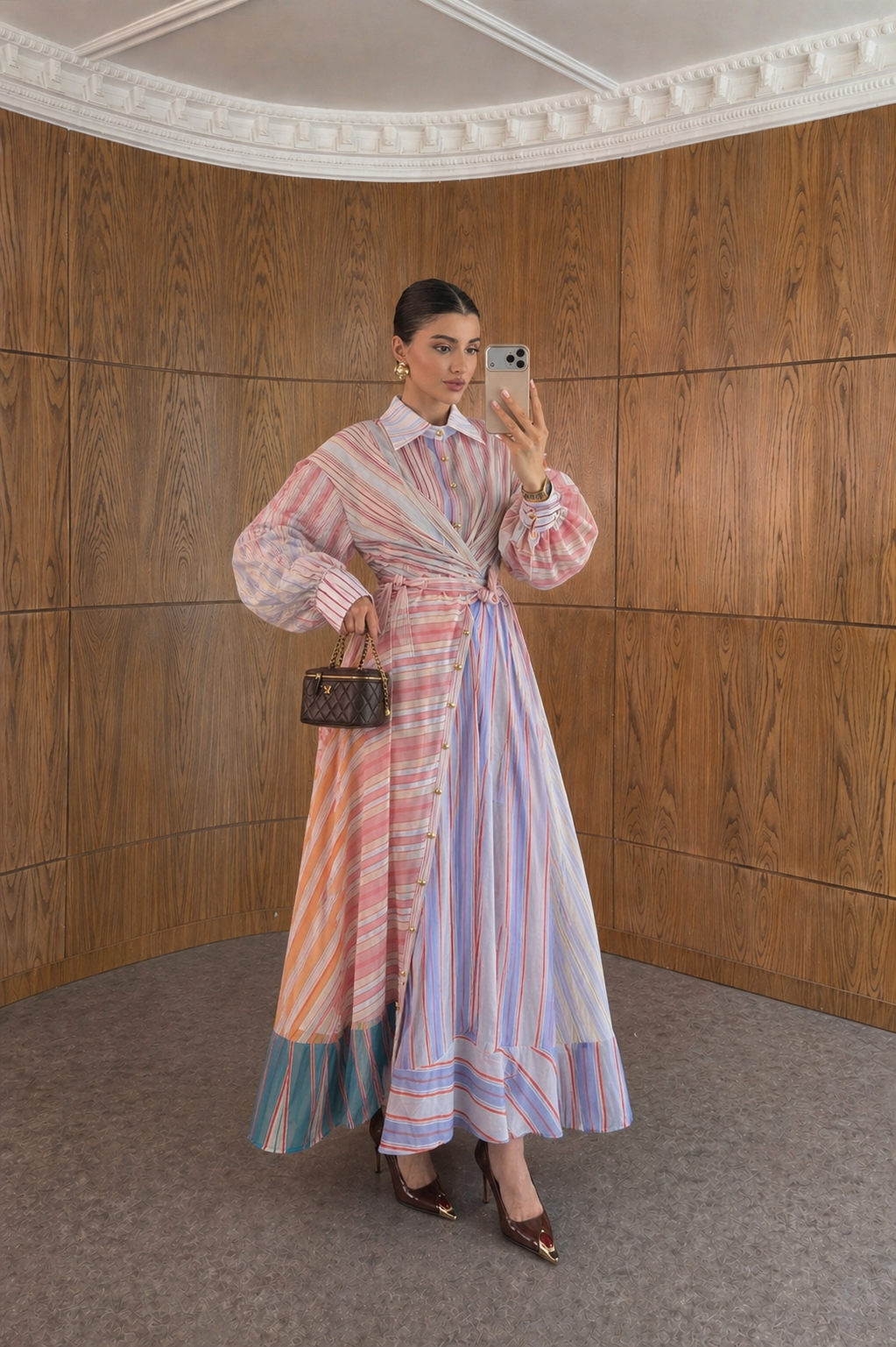 Pastel Stripe Wrap Dress with Balloon Sleeves and Waist Tie