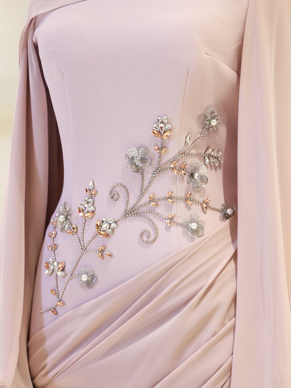 Tulip Modest Evening Dress - Embroidered Shawl Crepe Gown - Poudra