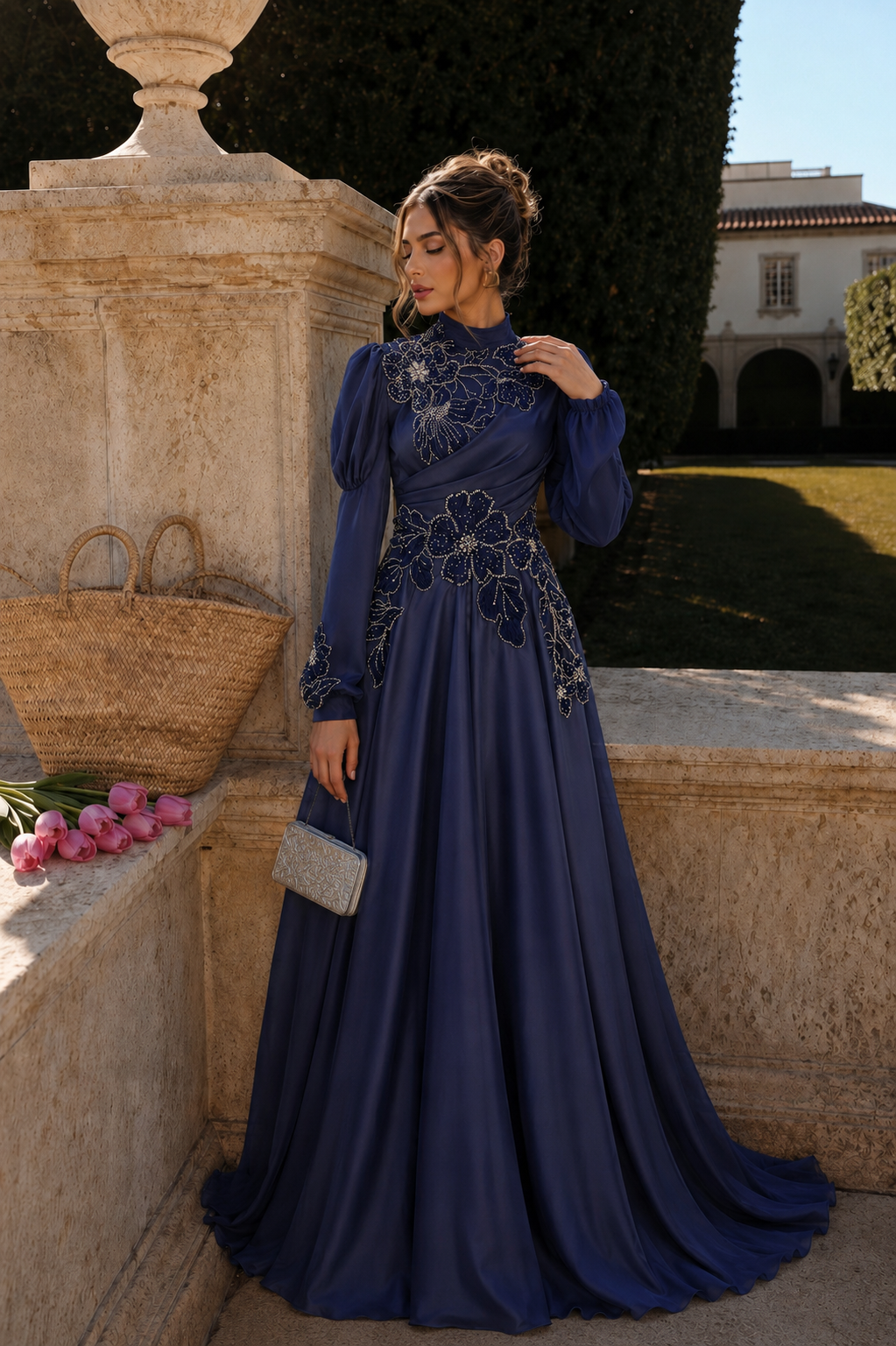 Floral Embellished Modest Evening Dress - Navy Blue