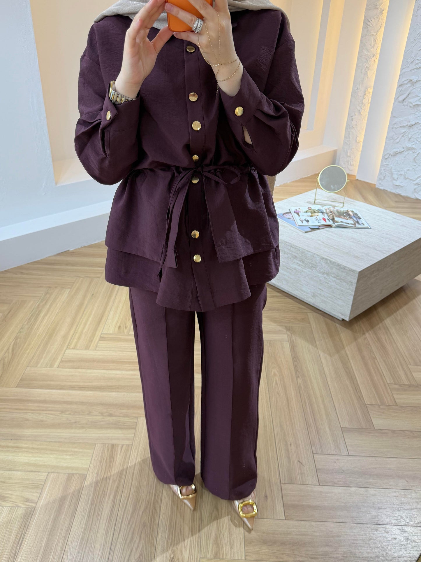 Gold Button Co-ord Cupro Set – Drawstring Jacket & Wide Leg Trousers - Burgundy