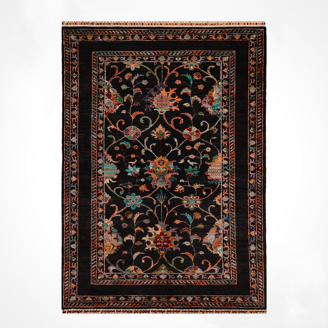 Sultani Binbirgece Orjinal El Dokuması Siyah Kök Boya Yün Halı 127x184 2.34 Metrekare - 4x6 ft