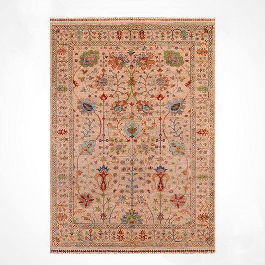 Sultani Çiçekli Orjinal El Dokuması Bej Kök Boya Yün Halı 154x205 3.16 Metrekare - 4x6 ft