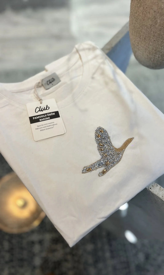 Premium Cotton Gold Silver Bird Embroidered T-Shirt