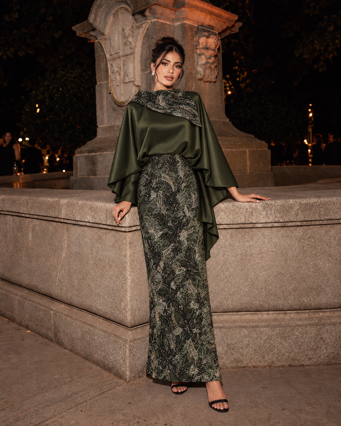 Grace Stone-Embellished Modest Satin Cape Pencil Dress - Evening Dress - Khaki