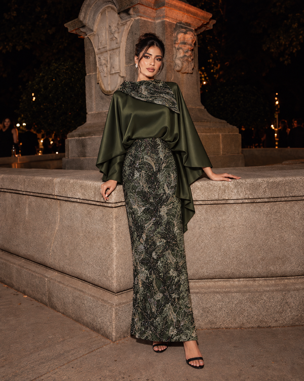 Grace Stone-Embellished Modest Satin Cape Pencil Dress - Evening Dress - Khaki
