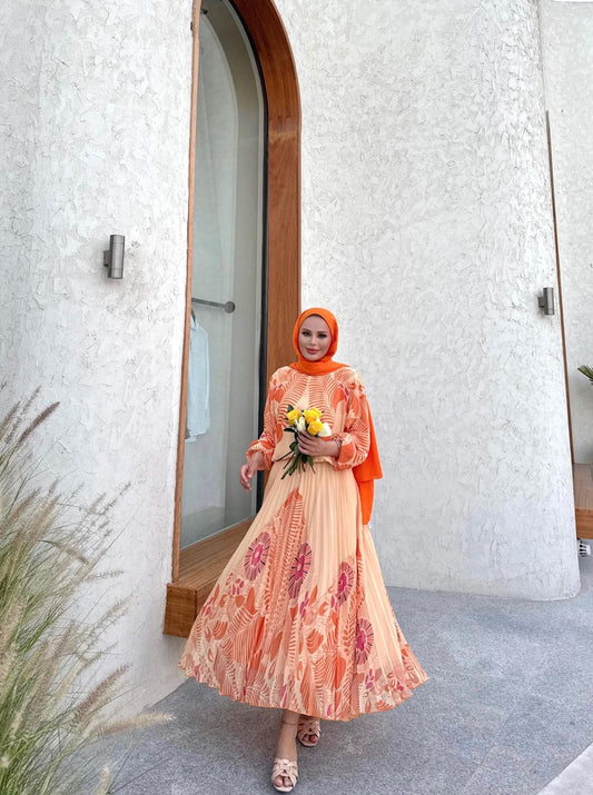 Orange Chiffon Printed Pleated Skirt & Blouse Set