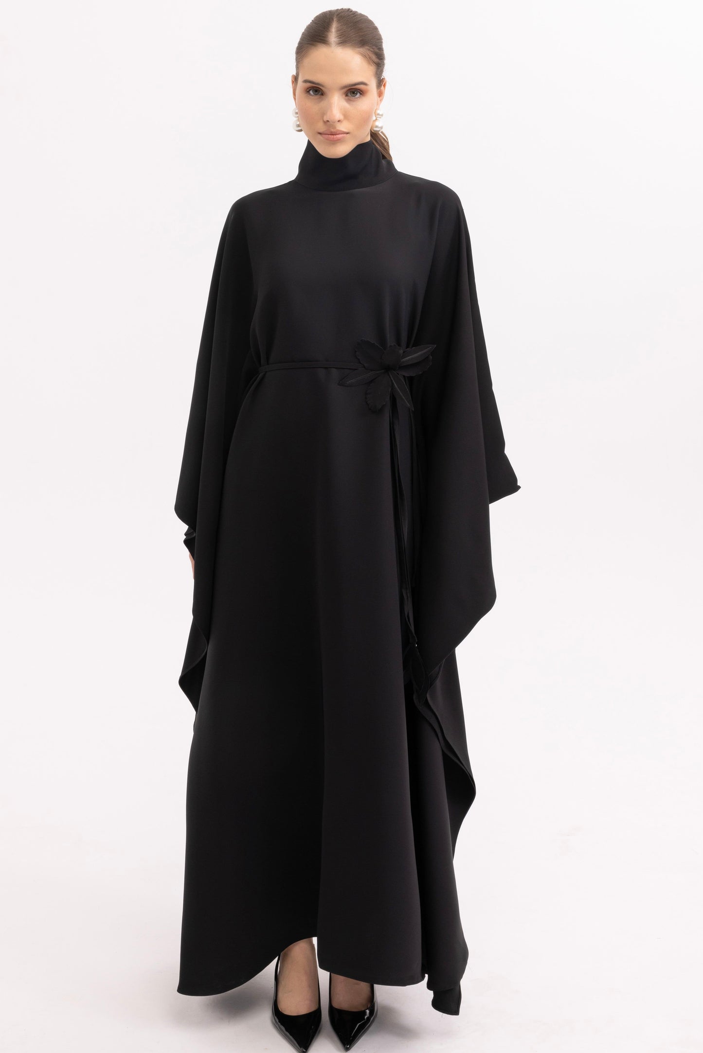 Limited Edition Black Handmade Kaftan Dress with Floral Details