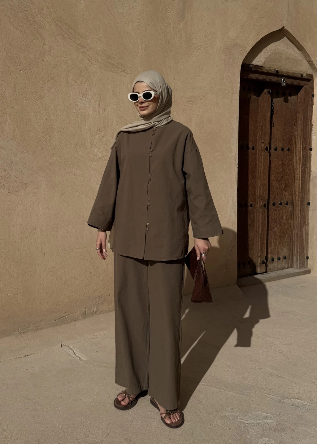 Khaki Button Detail Linen Set – Adjustable Waist