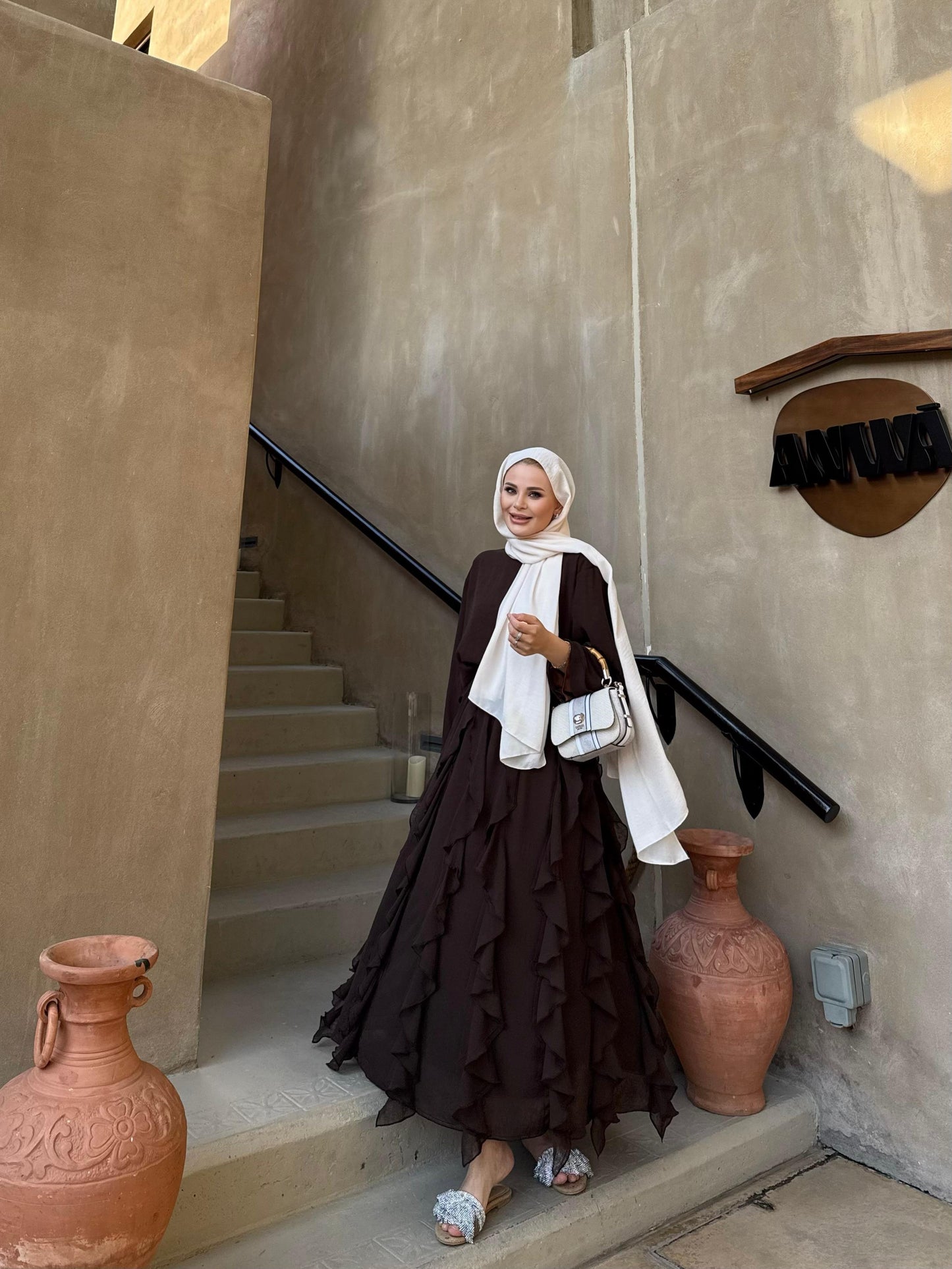 Brown Ruffle-Detail Chiffon Blouse and Skirt Set- PRE ORDER